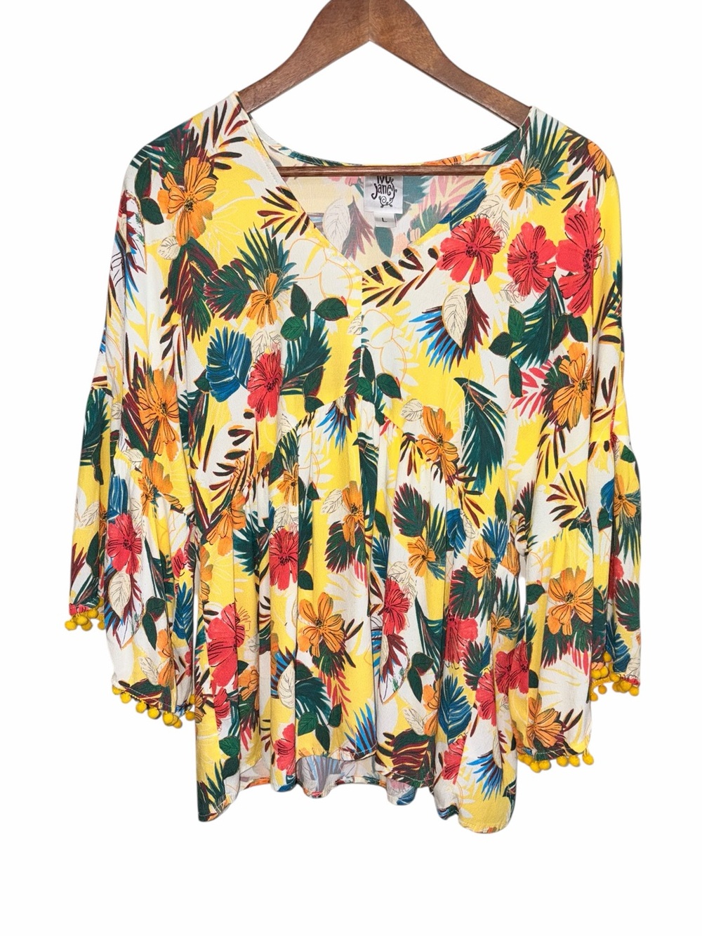 Ivy Jane Colorful Floral Pom Pom Babydoll Blouse Boho Art to Wear